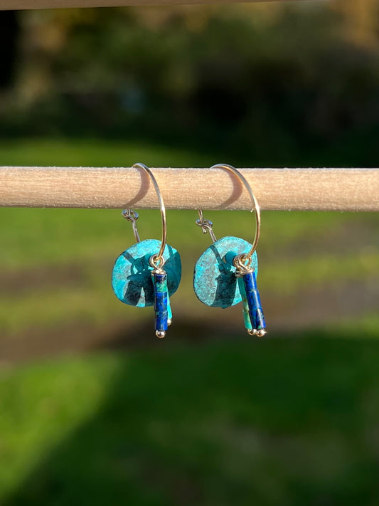 Lapis-lazuli, Turquoise and Verdigris Gold Hoop Earrings