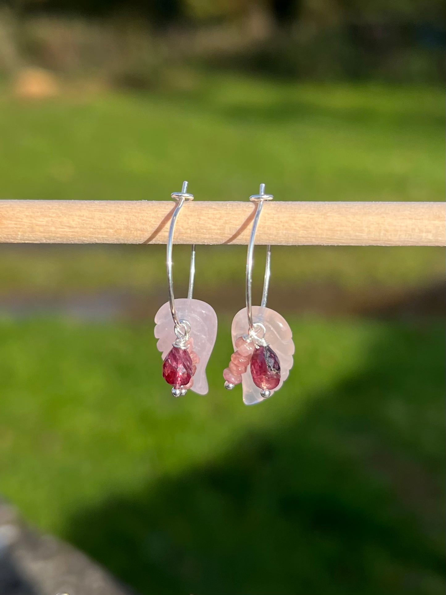 Rose Quartz Angel Wing Sterling Silver Hoop Earrings